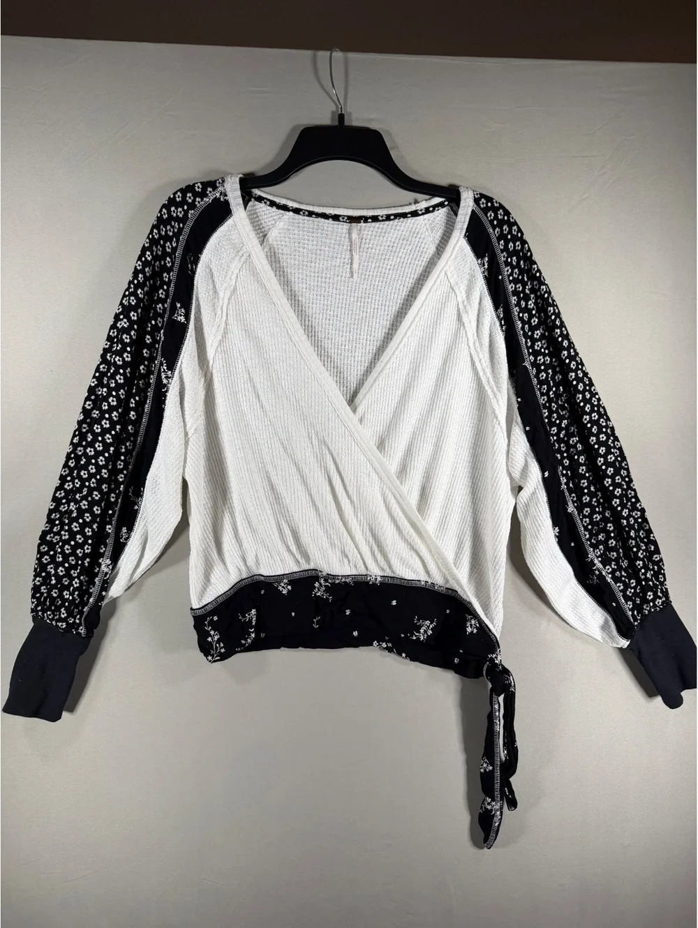 Free People Waffle Knit Wrap Top with Floral Sleeve Detail Size S/P